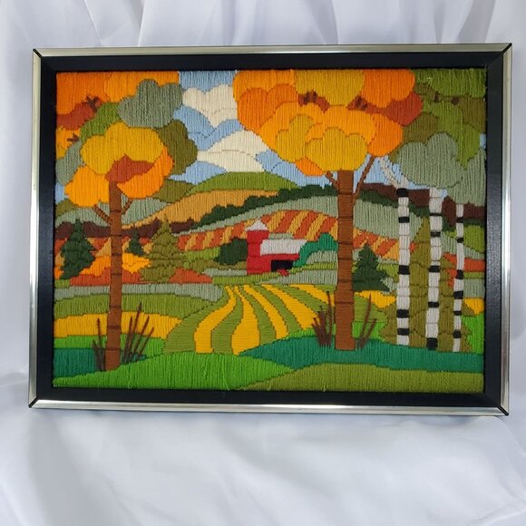 VTG 1970's Crewel Country Autumn Fall farm Scene Picture Framed Art 17”X13” - Picture 12 of 12